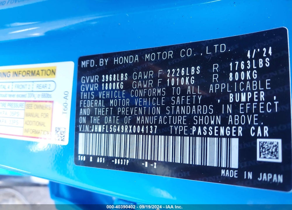 2024 HONDA CIVIC TYPE R BASE (M6) VIN: JHMFL5G49RX004137