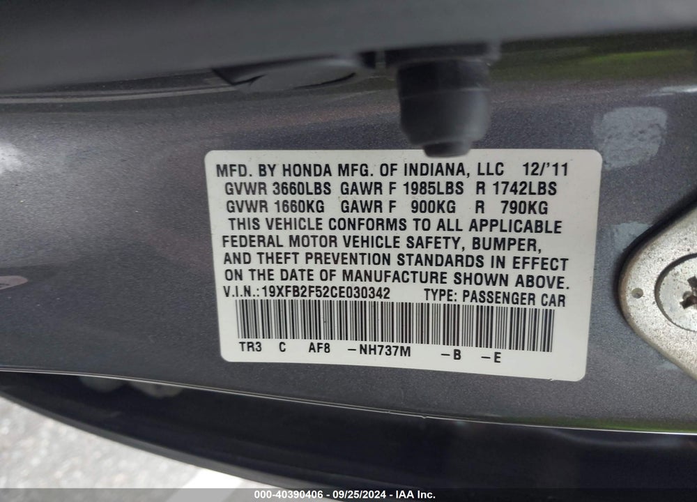 2012 HONDA CIVIC LX VIN: 19XFB2F52CE030342