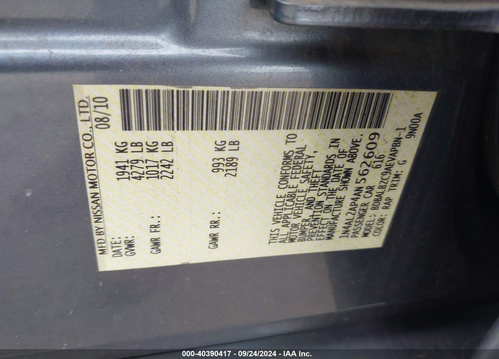 2010 NISSAN ALTIMA 2.5 S VIN: 1N4AL2AP4AN562609
