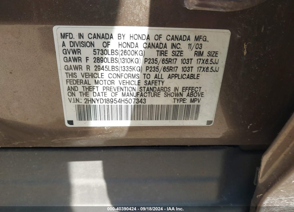 2004 ACURA MDX VIN: 2HNYD18954H507343