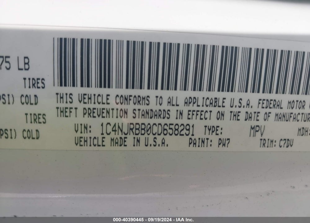 2012 JEEP PATRIOT SPORT VIN: 1C4NJRBB0CD658291