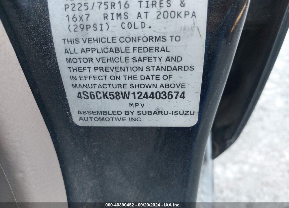2002 HONDA PASSPORT EX/LX VIN: 4S6CK58W124403674