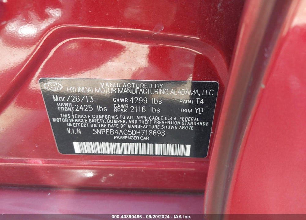 2013 HYUNDAI SONATA VIN: 5NPEB4AC5DH718698
