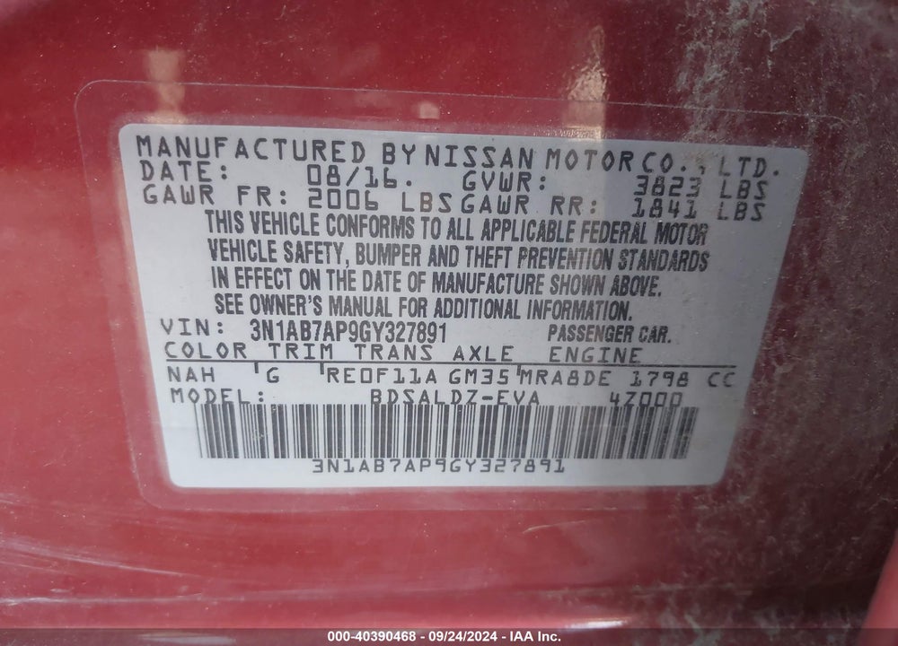2016 NISSAN SENTRA SV VIN: 3N1AB7AP9GY327891