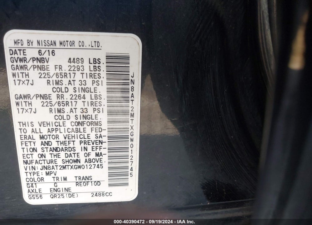 2016 NISSAN ROGUE S VIN: JN8AT2MTXGW012745