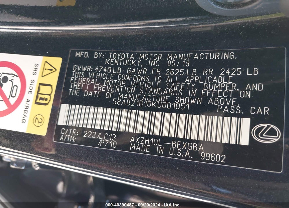 2019 LEXUS ES 300H ULTRA LUXURY VIN: 58AB21B10KU001051
