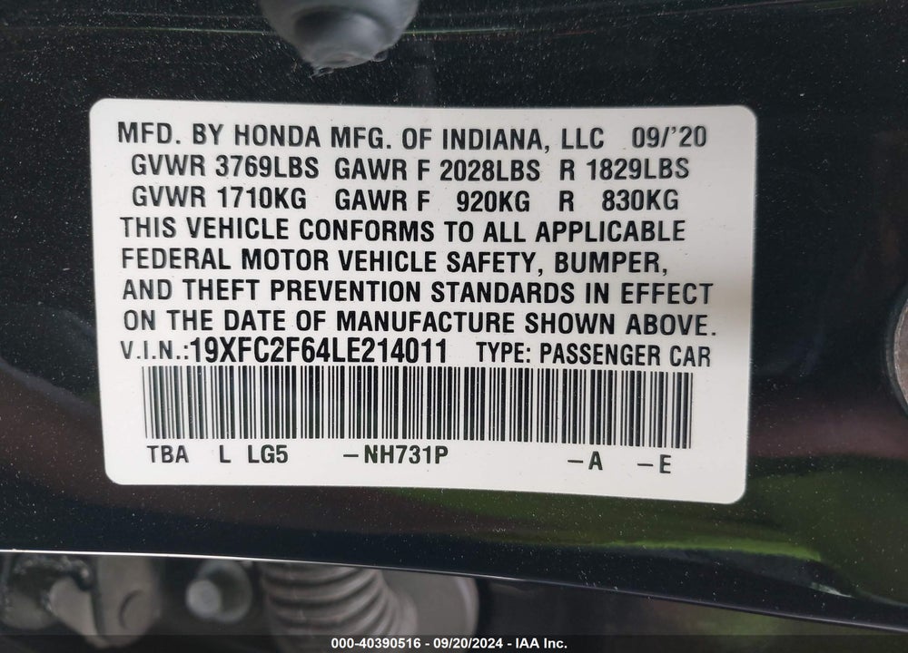 2020 HONDA CIVIC LX VIN: 19XFC2F64LE214011