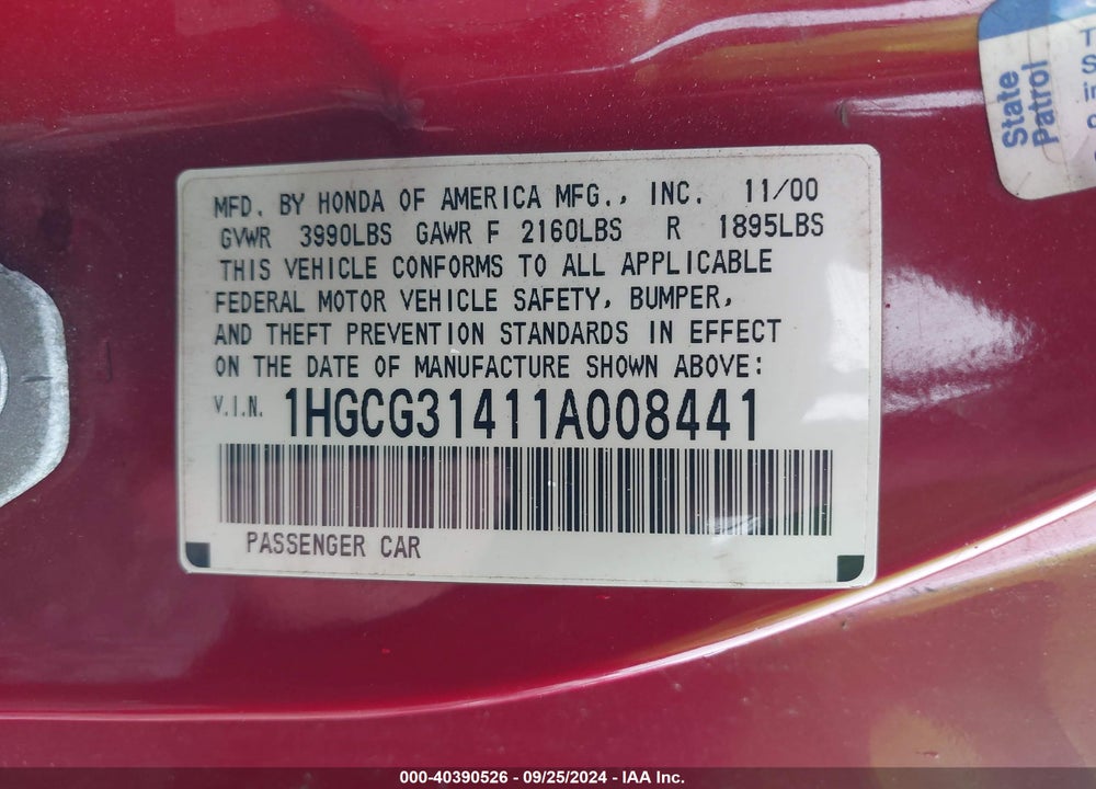 2001 HONDA ACCORD 2.3 LX VIN: 1HGCG31411A008441