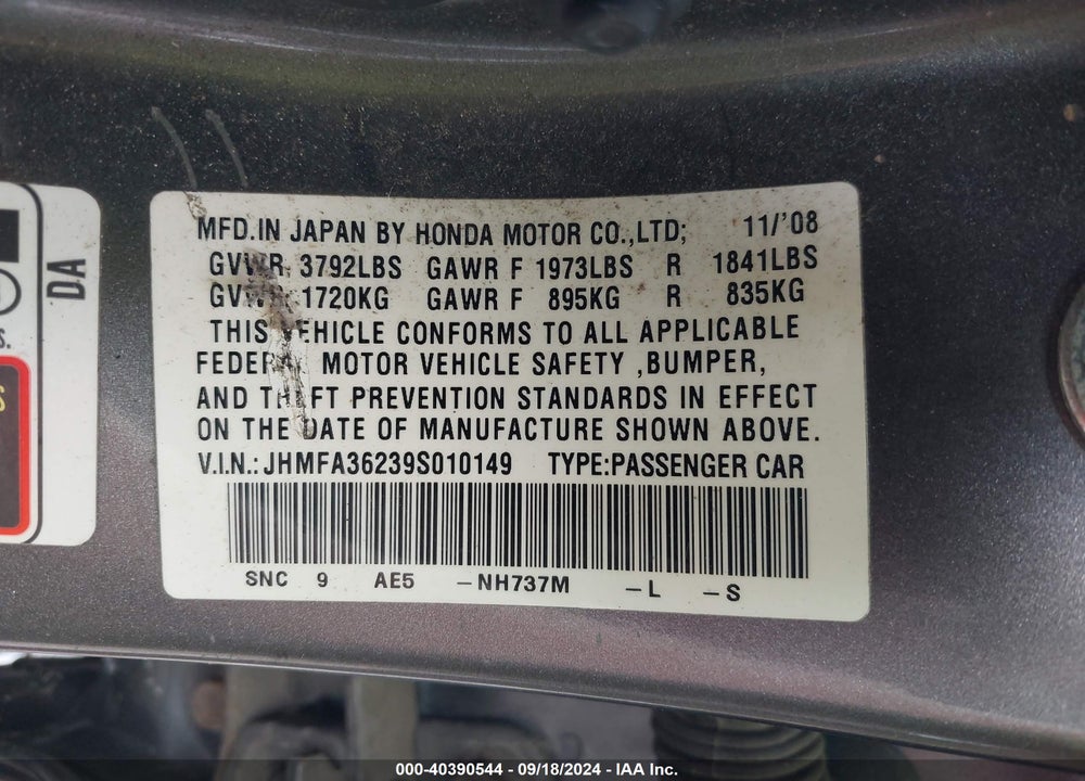 2009 HONDA CIVIC HYBRID VIN: JHMFA36239S010149