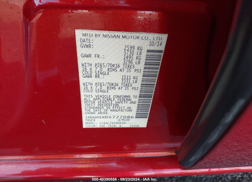 2015 NISSAN FRONTIER SV VIN: 1N6AD0ER8FN727086