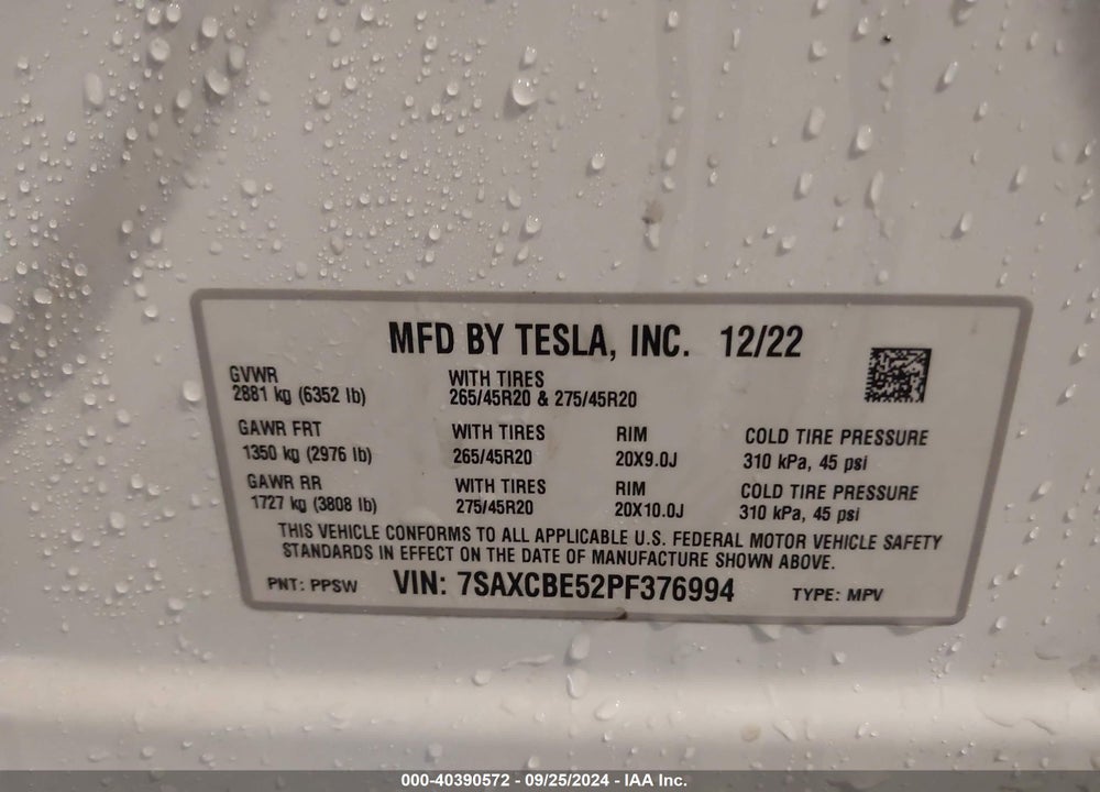 2023 TESLA MODEL X DUAL MOTOR ALL-WHEEL DRIVE/STANDARD RANGE VIN: 7SAXCBE52PF376994