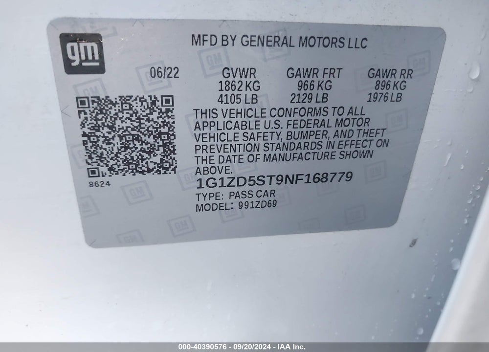 2022 CHEVROLET MALIBU FWD LT VIN: 1G1ZD5ST9NF168779