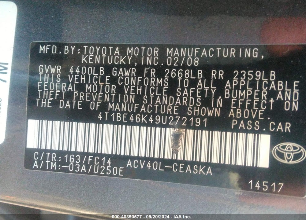 2009 TOYOTA CAMRY SE VIN: 4T1BE46K49U272191
