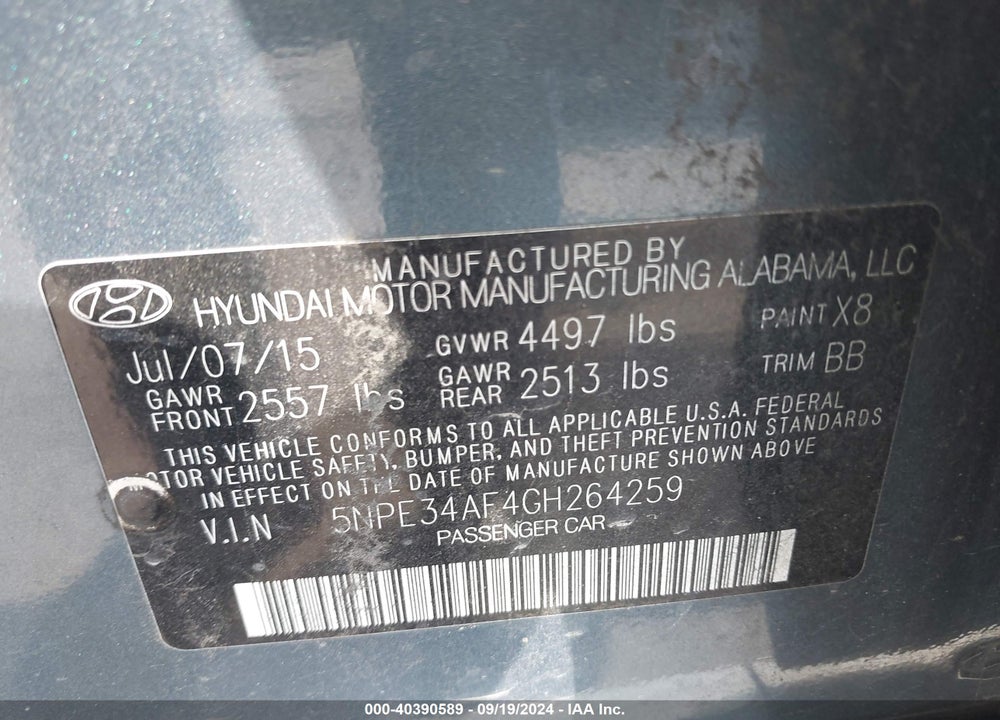 2016 HYUNDAI SONATA SPORT VIN: 5NPE34AF4GH264259
