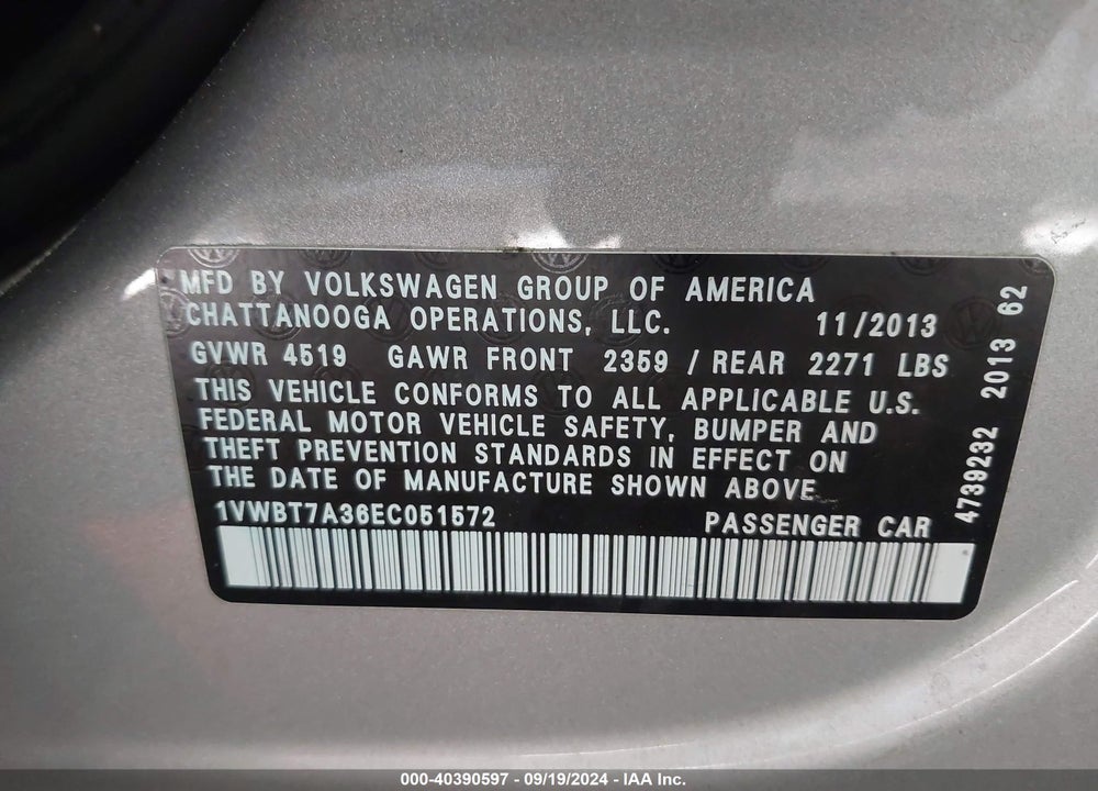 2014 VOLKSWAGEN PASSAT 1.8T SE VIN: 1VWBT7A36EC051572