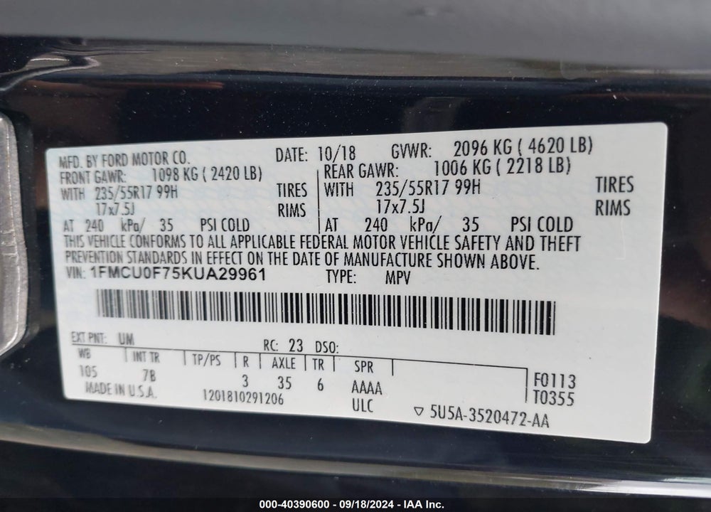 2019 FORD ESCAPE S VIN: 1FMCU0F75KUA29961