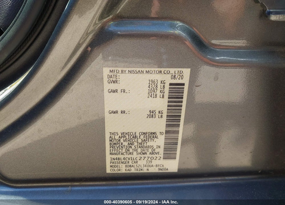 2020 NISSAN ALTIMA SR FWD VIN: 1N4BL4CV1LC277022