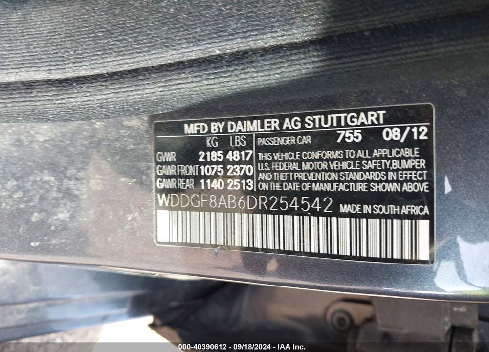 2013 MERCEDES-BENZ C 300 LUXURY 4MATIC/SPORT 4MATIC VIN: WDDGF8AB6DR254542
