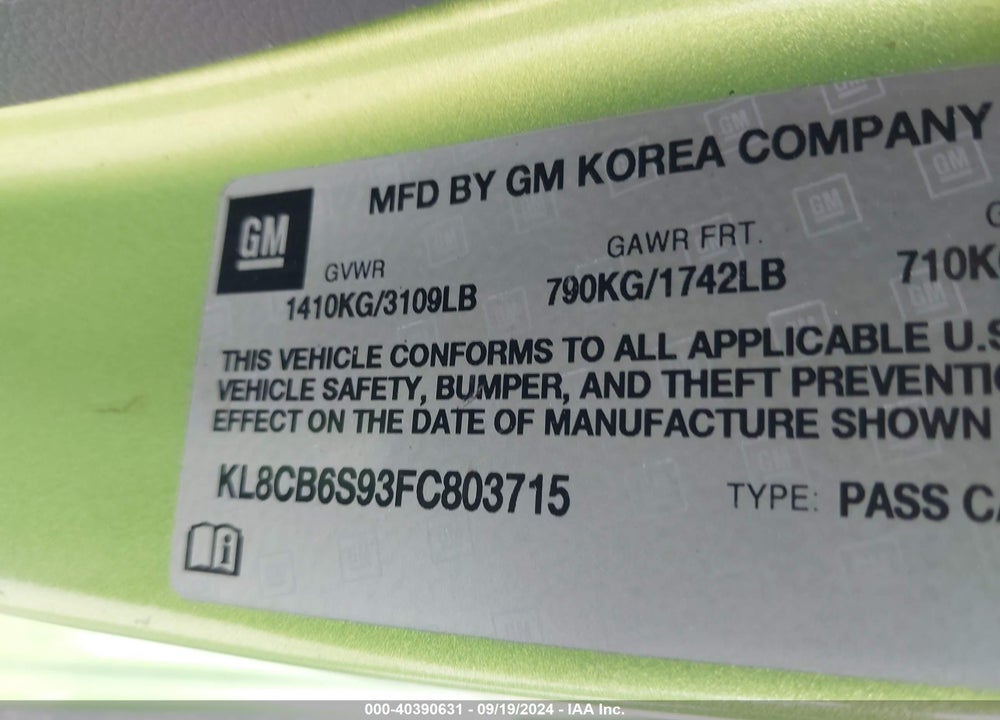 2015 CHEVROLET SPARK LS CVT VIN: KL8CB6S93FC803715