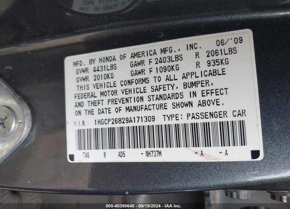2009 HONDA ACCORD 2.4 EX-L VIN: 1HGCP26829A171309