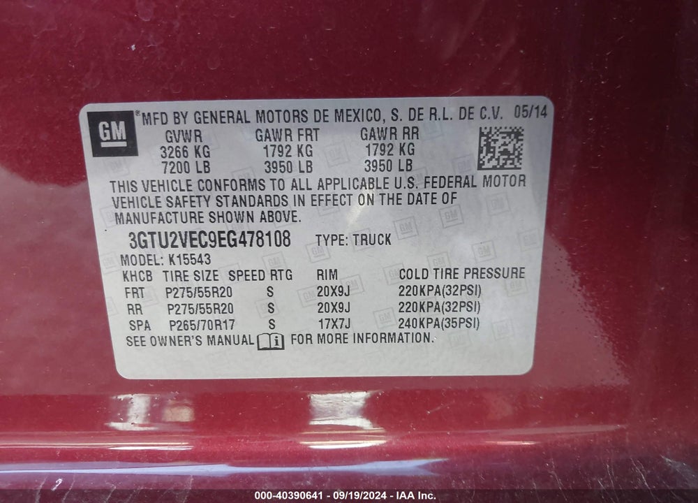 2014 GMC SIERRA 1500 VIN: 3GTU2VEC9EG478108