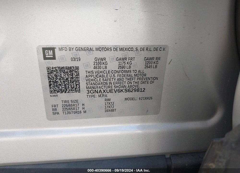 2019 CHEVROLET EQUINOX LT VIN: 3GNAXUEV6KS629812