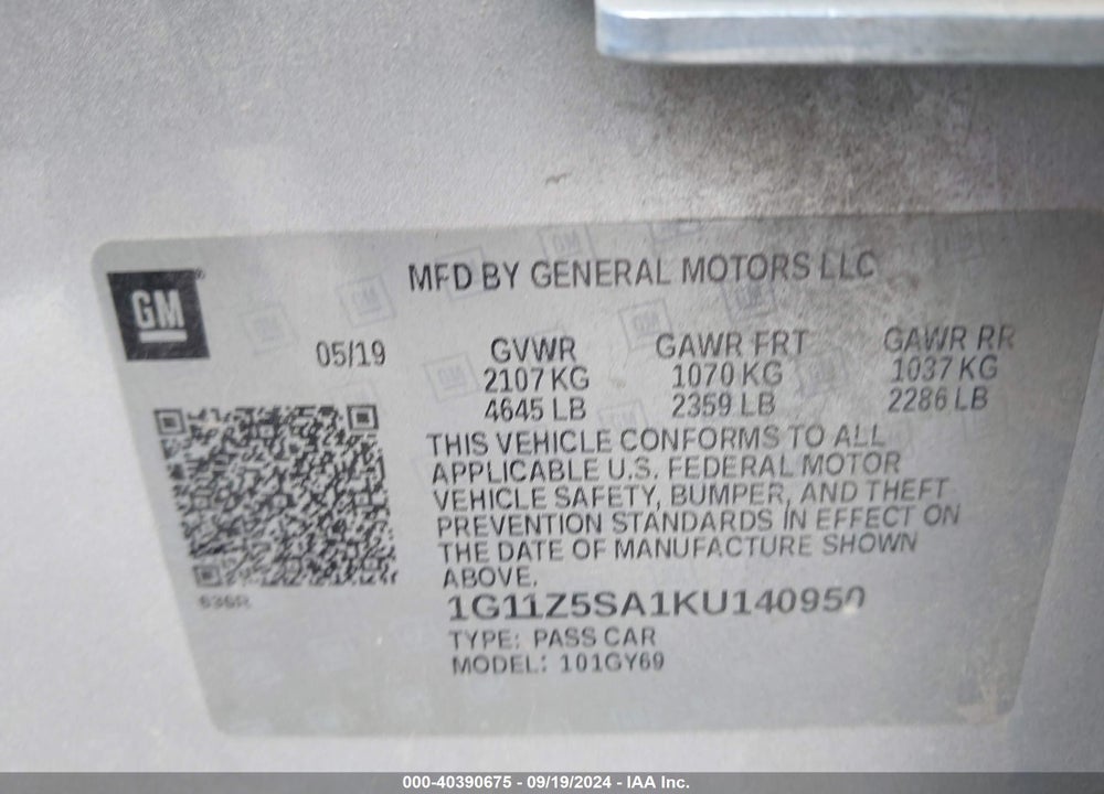 2019 CHEVROLET IMPALA LT VIN: 1G11Z5SA1KU140950
