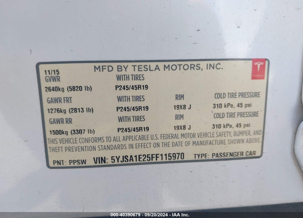 2015 TESLA MODEL S 70D/85D/P85D VIN: 5YJSA1E25FF115970