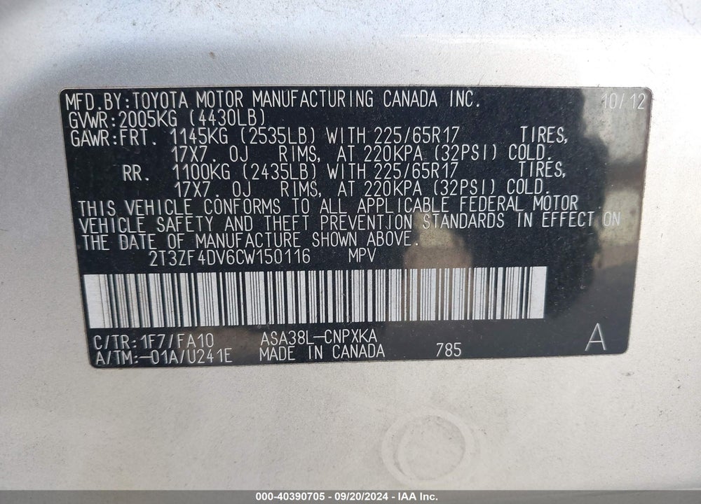 2012 TOYOTA RAV4 VIN: 2T3ZF4DV6CW150116