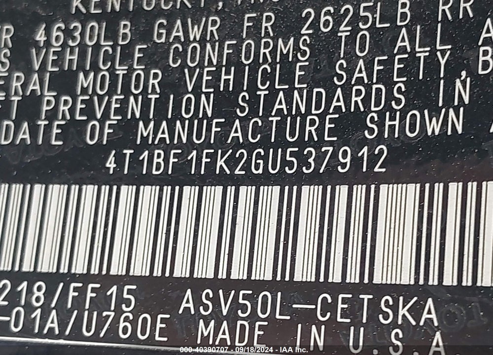 2016 TOYOTA CAMRY SE VIN: 4T1BF1FK2GU537912