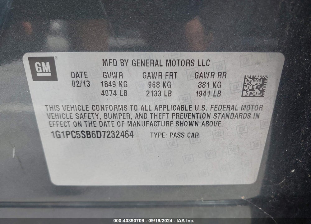 2013 CHEVROLET CRUZE 1LT AUTO VIN: 1G1PC5SB6D7232464