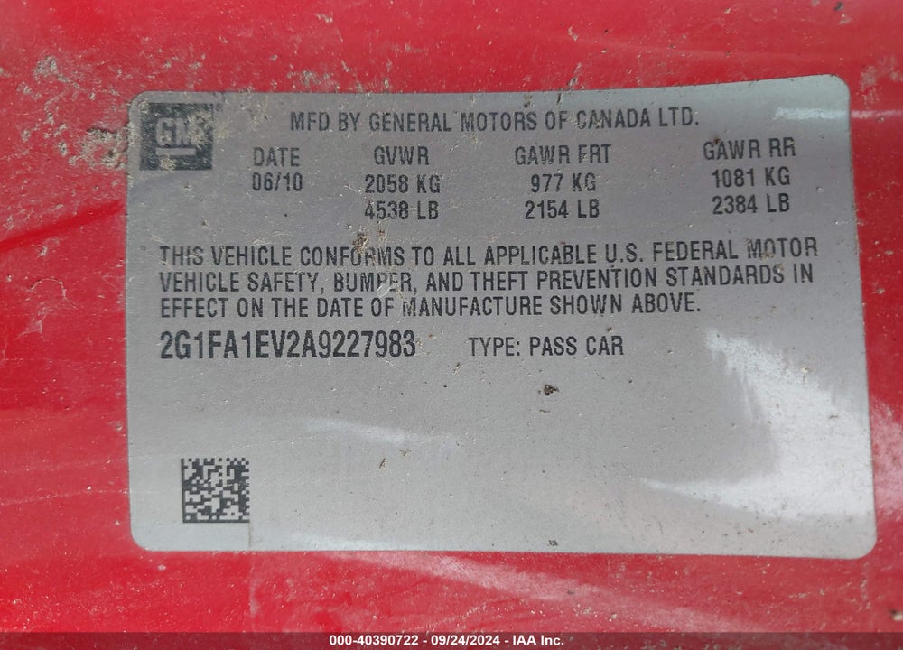 2010 CHEVROLET CAMARO 1LS VIN: 2G1FA1EV2A9227983
