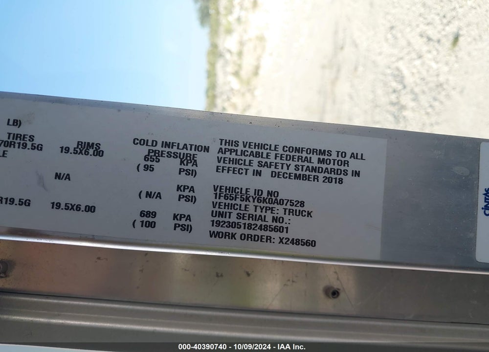 2019 FORD F-59 COMMERCIAL STRIPPED VIN: 1F65F5KY6K0A07528