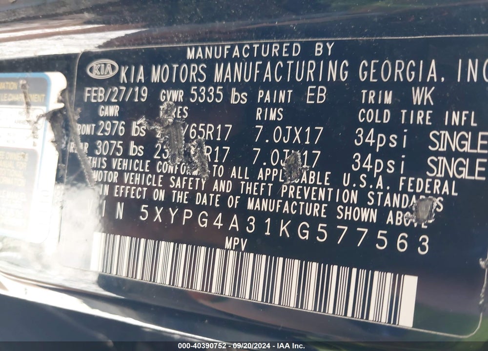 2019 KIA SORENTO 2.4L L VIN: 5XYPG4A31KG577563