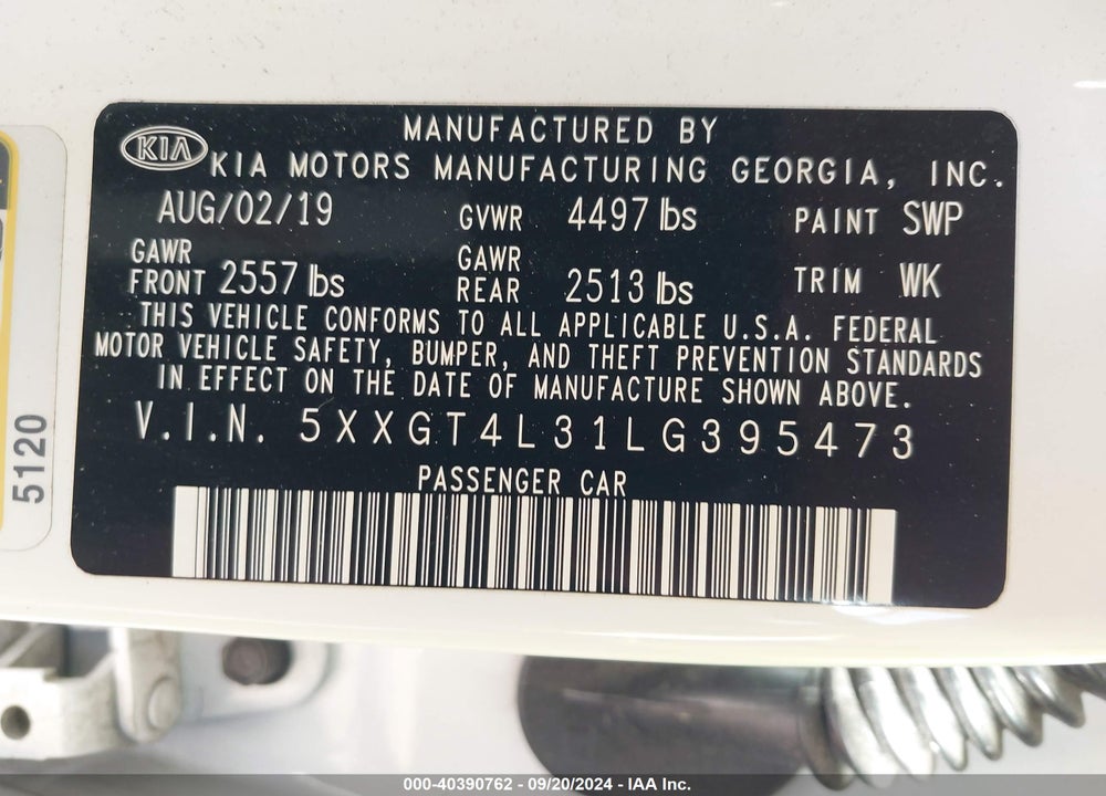 2020 KIA OPTIMA LX VIN: 5XXGT4L31LG395473