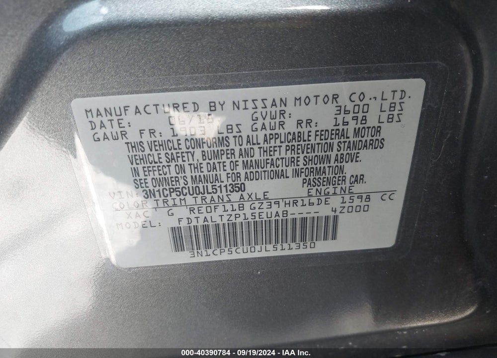 2018 NISSAN KICKS SR VIN: 3N1CP5CU0JL511350