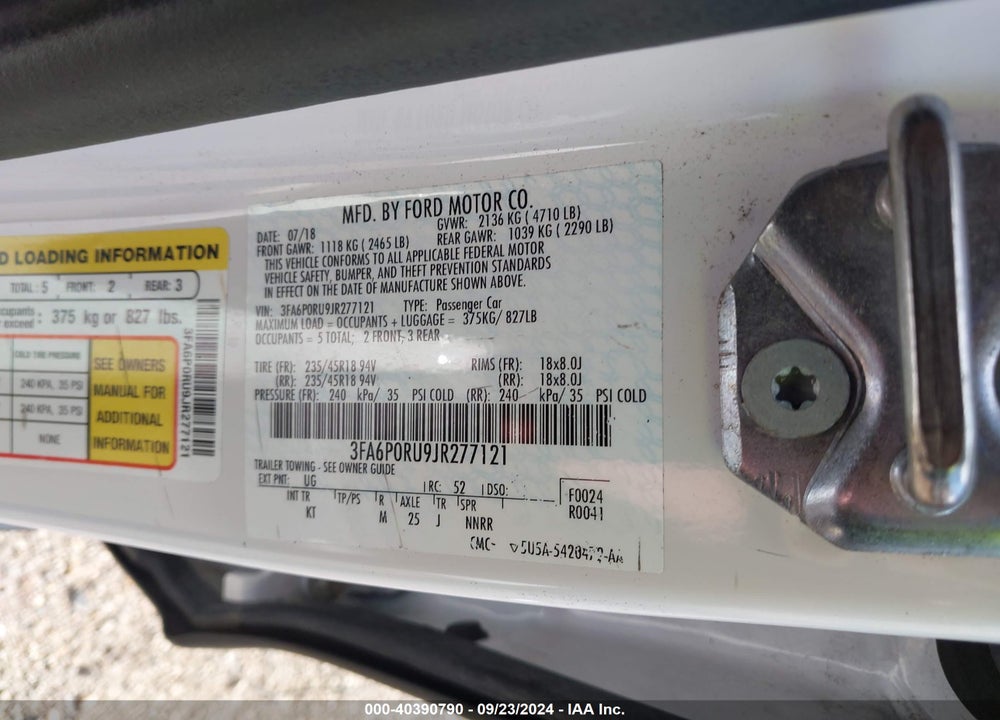 2018 FORD FUSION HYBRID TITANIUM VIN: 3FA6P0RU9JR277121