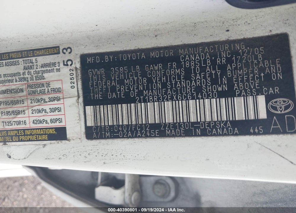 2006 TOYOTA COROLLA VIN: 2T1BR32EX6C614030