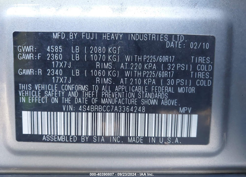 2010 SUBARU OUTBACK 2.5I PREMIUM VIN: 4S4BRBCC7A3364248