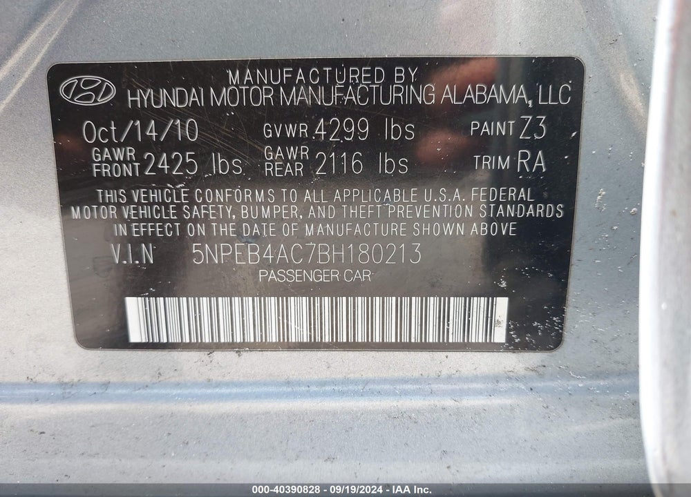 2011 HYUNDAI SONATA GLS VIN: 5NPEB4AC7BH180213