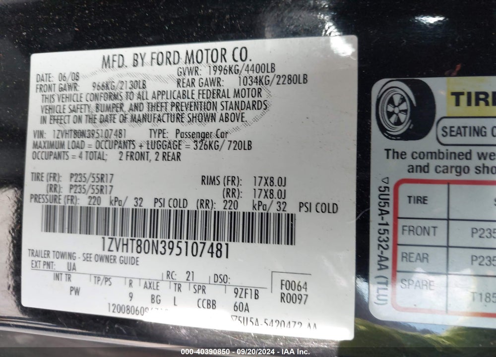 2009 FORD MUSTANG V6/V6 PREMIUM VIN: 1ZVHT80N395107481