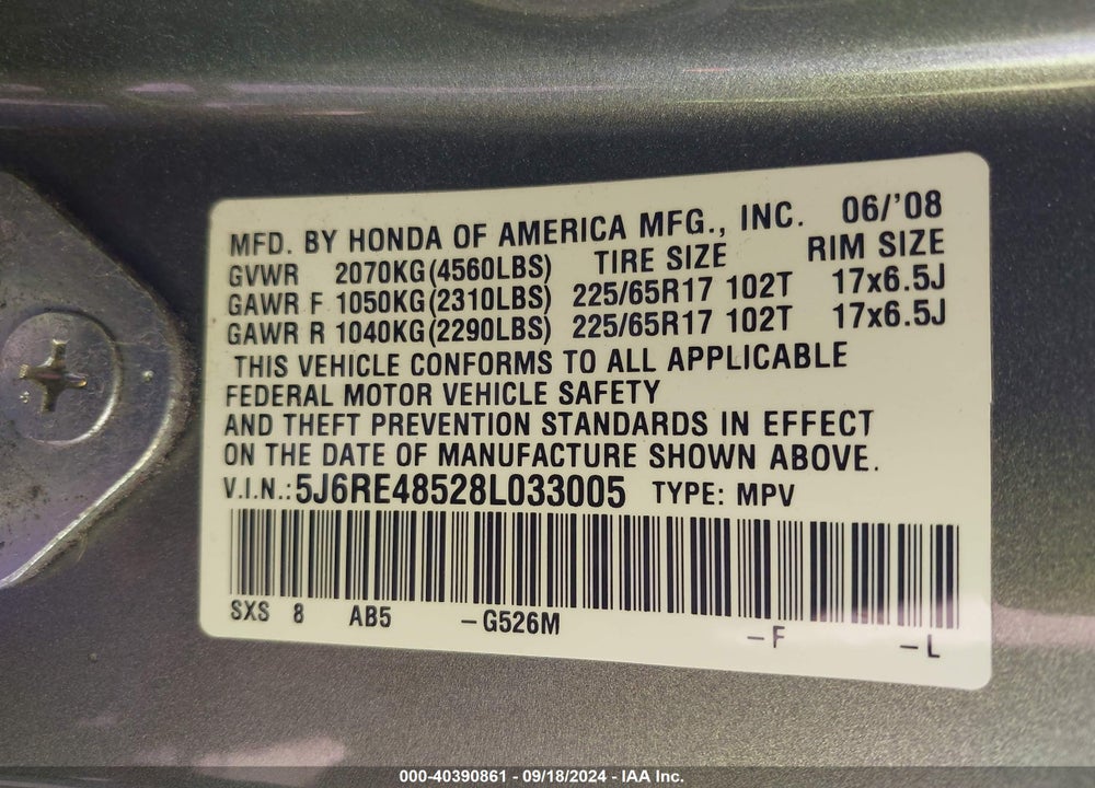 2008 HONDA CR-V EX VIN: 5J6RE48528L033005