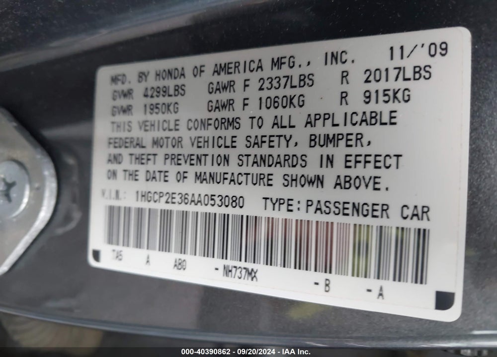 2010 HONDA ACCORD 2.4 LX VIN: 1HGCP2E36AA053080