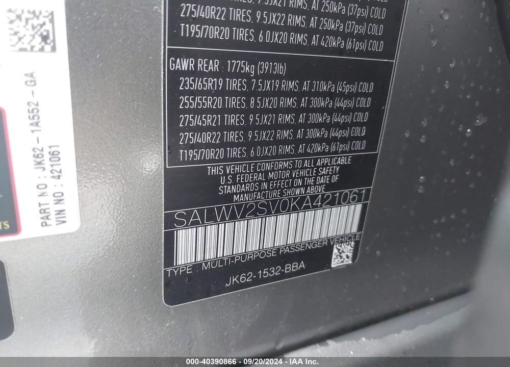 2019 LAND ROVER RANGE ROVER SPORT HSE DYNAMIC VIN: SALWV2SV0KA421061
