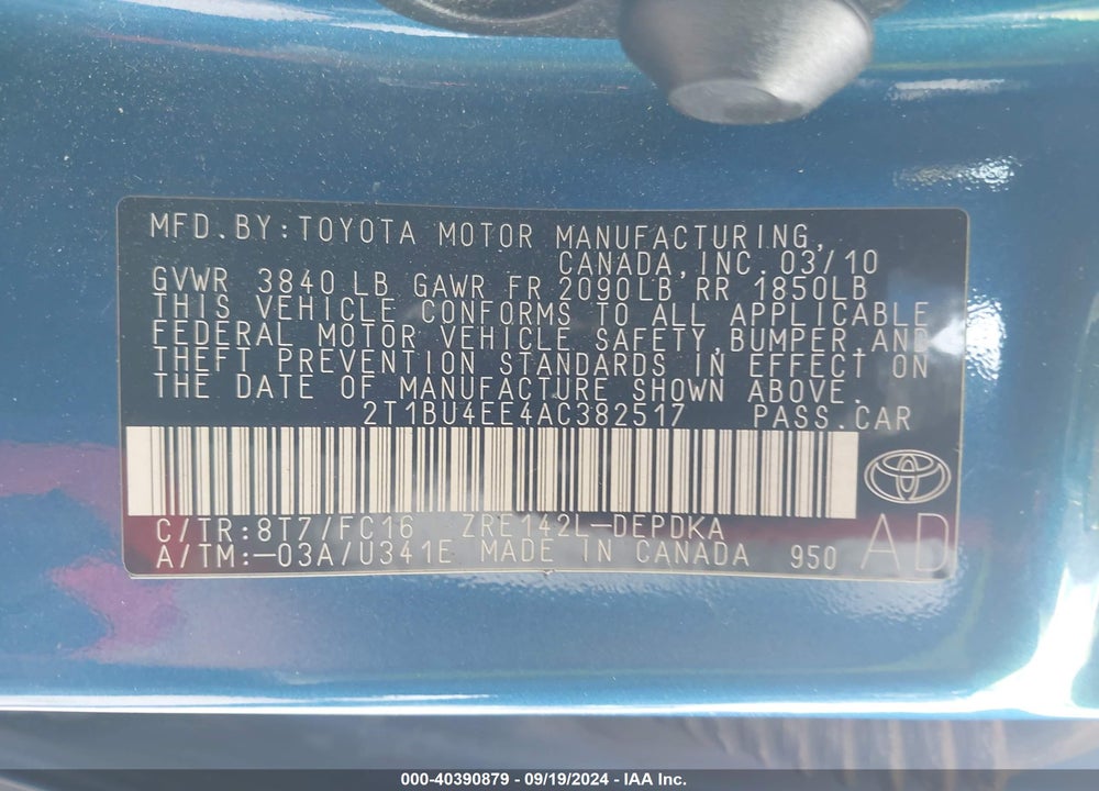 2010 TOYOTA COROLLA LE VIN: 2T1BU4EE4AC382517