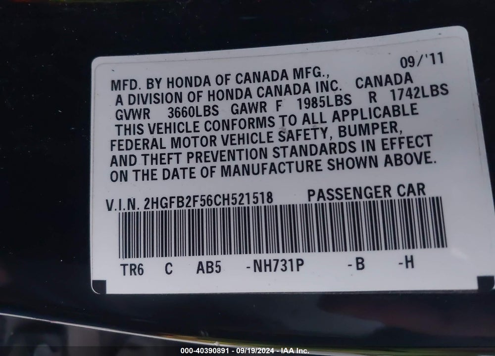 2012 HONDA CIVIC LX VIN: 2HGFB2F56CH521518