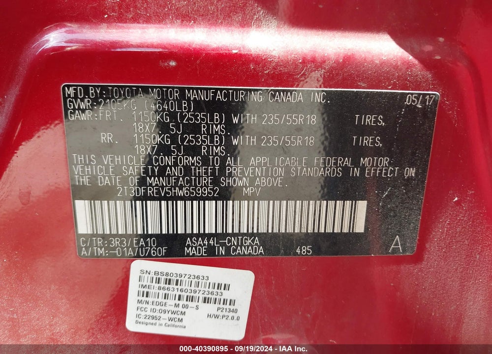2017 TOYOTA RAV4 LIMITED VIN: 2T3DFREV5HW659952