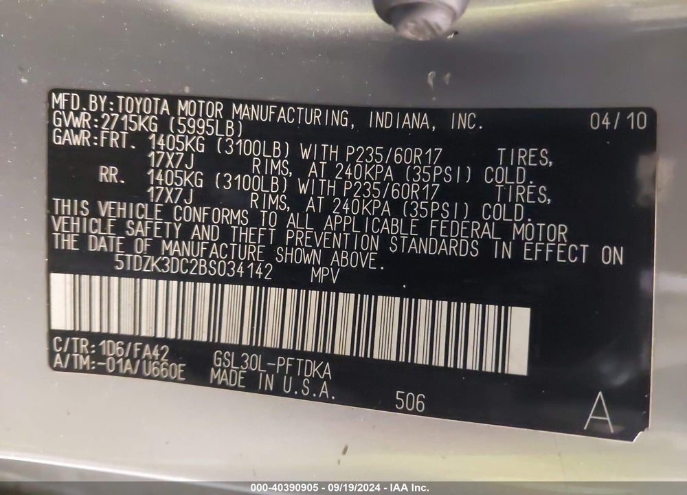 2011 TOYOTA SIENNA BASE V6 VIN: 5TDZK3DC2BS034142
