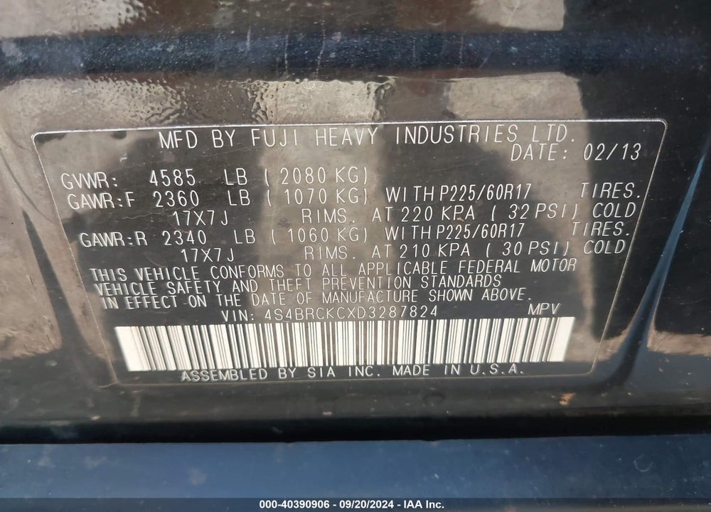 2013 SUBARU OUTBACK 2.5I LIMITED VIN: 4S4BRCKCXD3287824