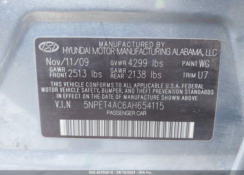 2010 HYUNDAI SONATA GLS VIN: 5NPET4AC6AH654115